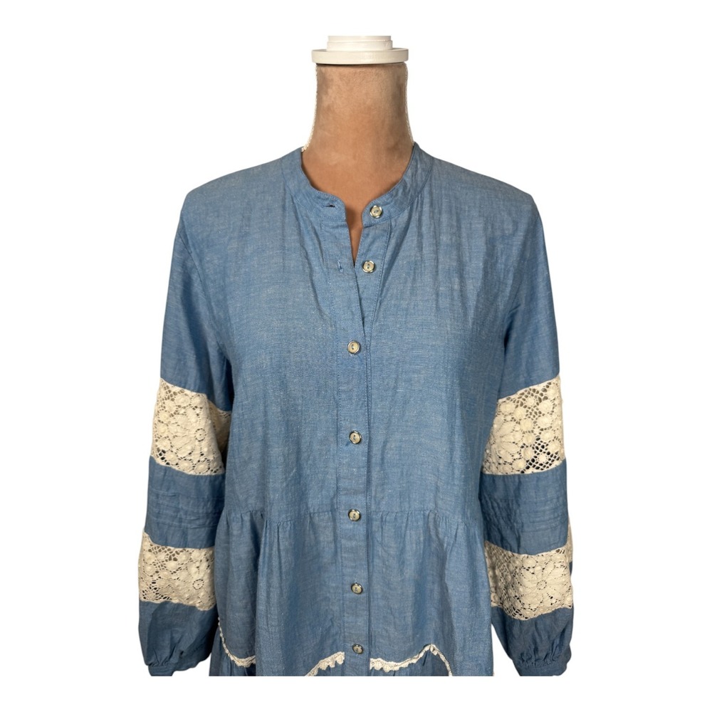 Johnny Was Laguna Pieced Dress Sz Lg Blue Chambray Tunic Lace Trim Bohemian Fall - Picture 3 of 16
